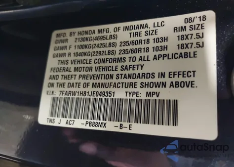 2018 Honda Cr-V Ex-L/Ex-L Navi из США, поврежденный, VIN 7FARW1H81JE049351